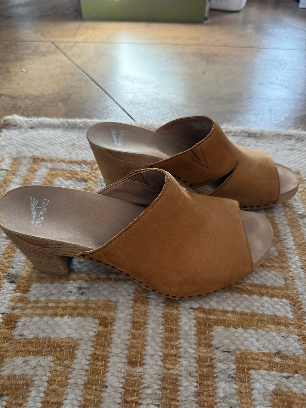 Dansko Tan Leather Open-Toe Slide Mules with Block Heel